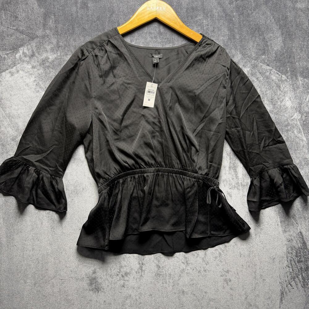 Ann Taylor Factory Blouse Womens M Black Regular Woven Peplum Ruffle Top